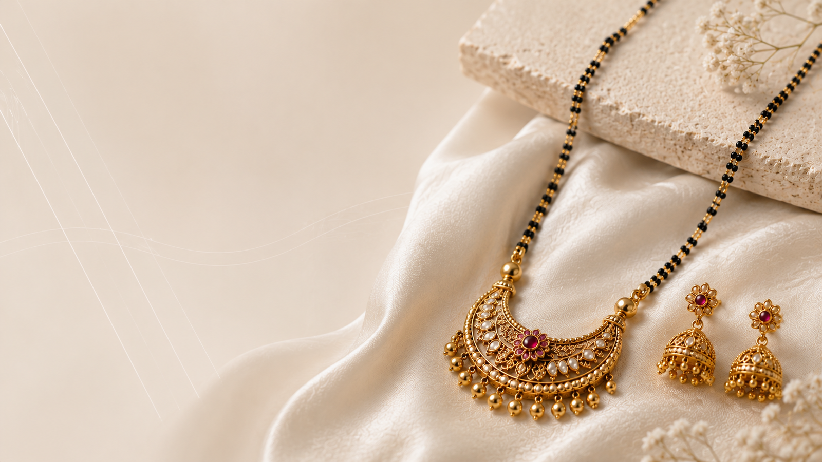 Gold necklace displayed on soft ivory silk